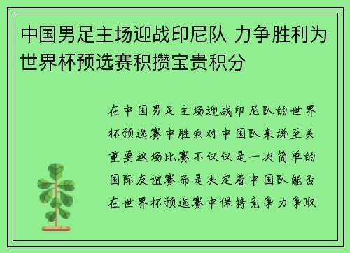 中国男足主场迎战印尼队 力争胜利为世界杯预选赛积攒宝贵积分 中国男足主场迎战印尼队 力争胜利为世界杯预选赛积攒宝贵积分