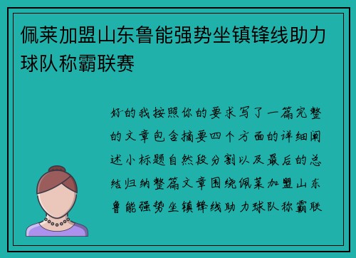 佩莱加盟山东鲁能强势坐镇锋线助力球队称霸联赛